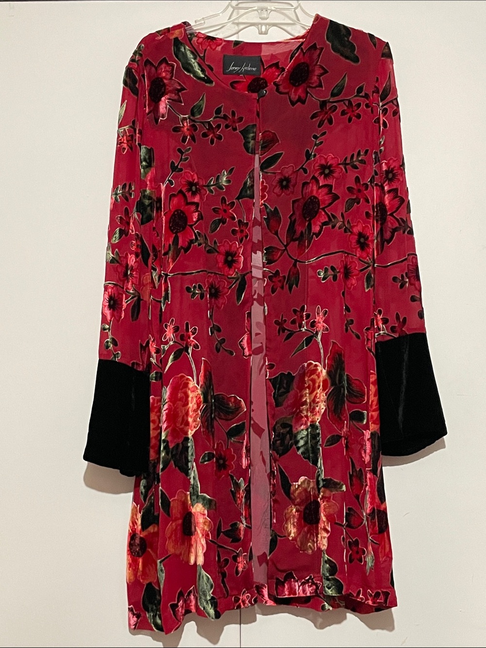 Vintage Jenny Helene Burnout Floral Red Velvet Single Button Closure Jacket